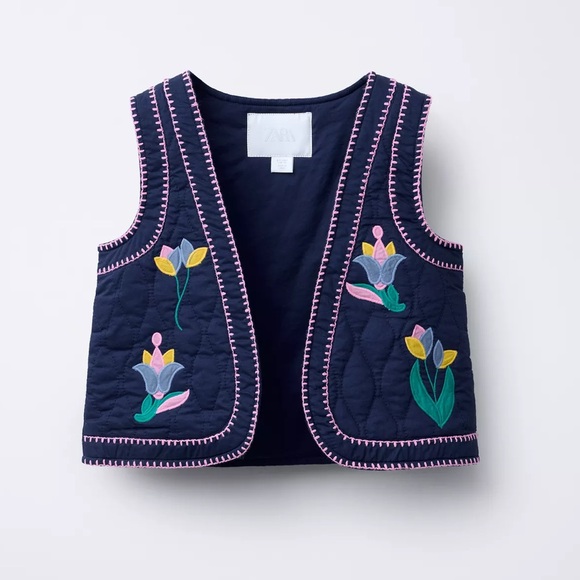 Zara Kids Tulip Embroidery Navy Vest NWT